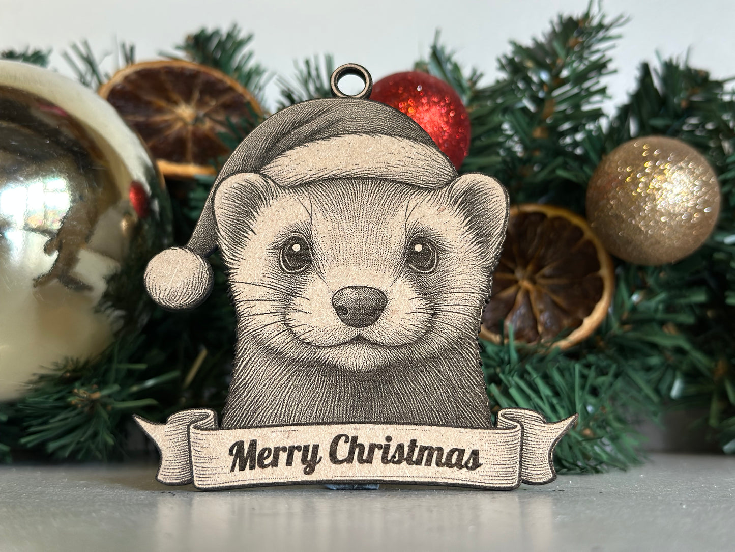Decorative Christmas stocking with a ferrett design and 'Merry Christmas' banner on a festive background.