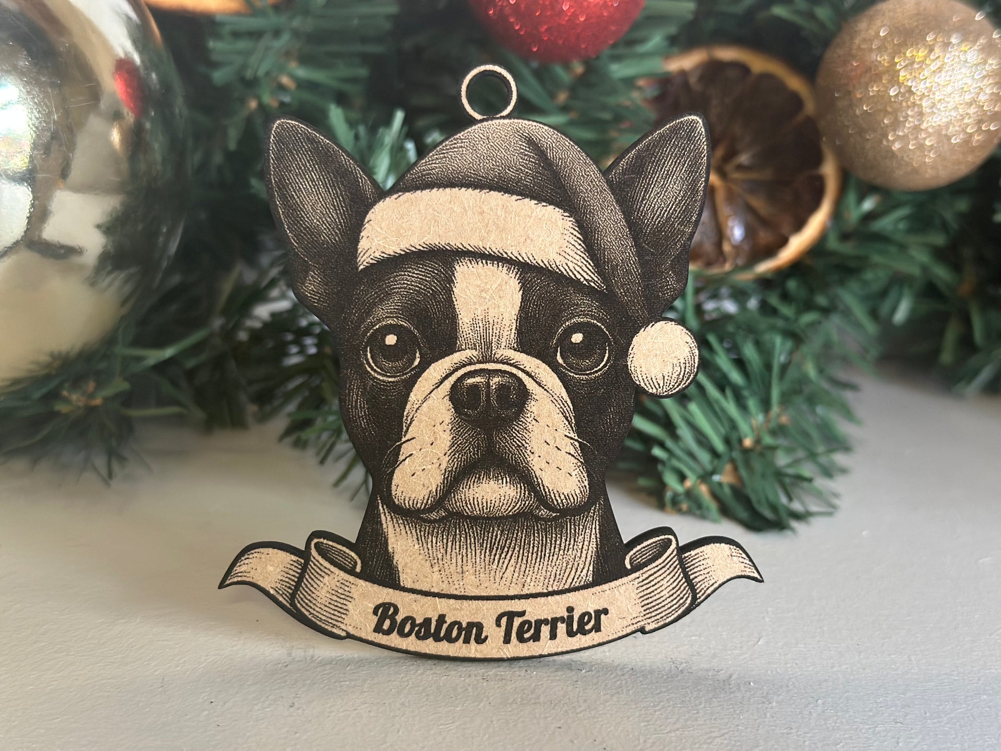 Boston Terrier Christmas ornament with festive background