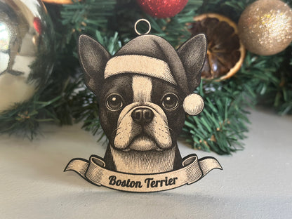 Boston Terrier Christmas ornament with festive background
