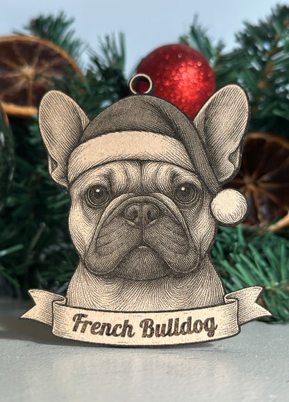 Decorative Christmas ornament of a French Bulldog wearing a Santa hat with festive background.
