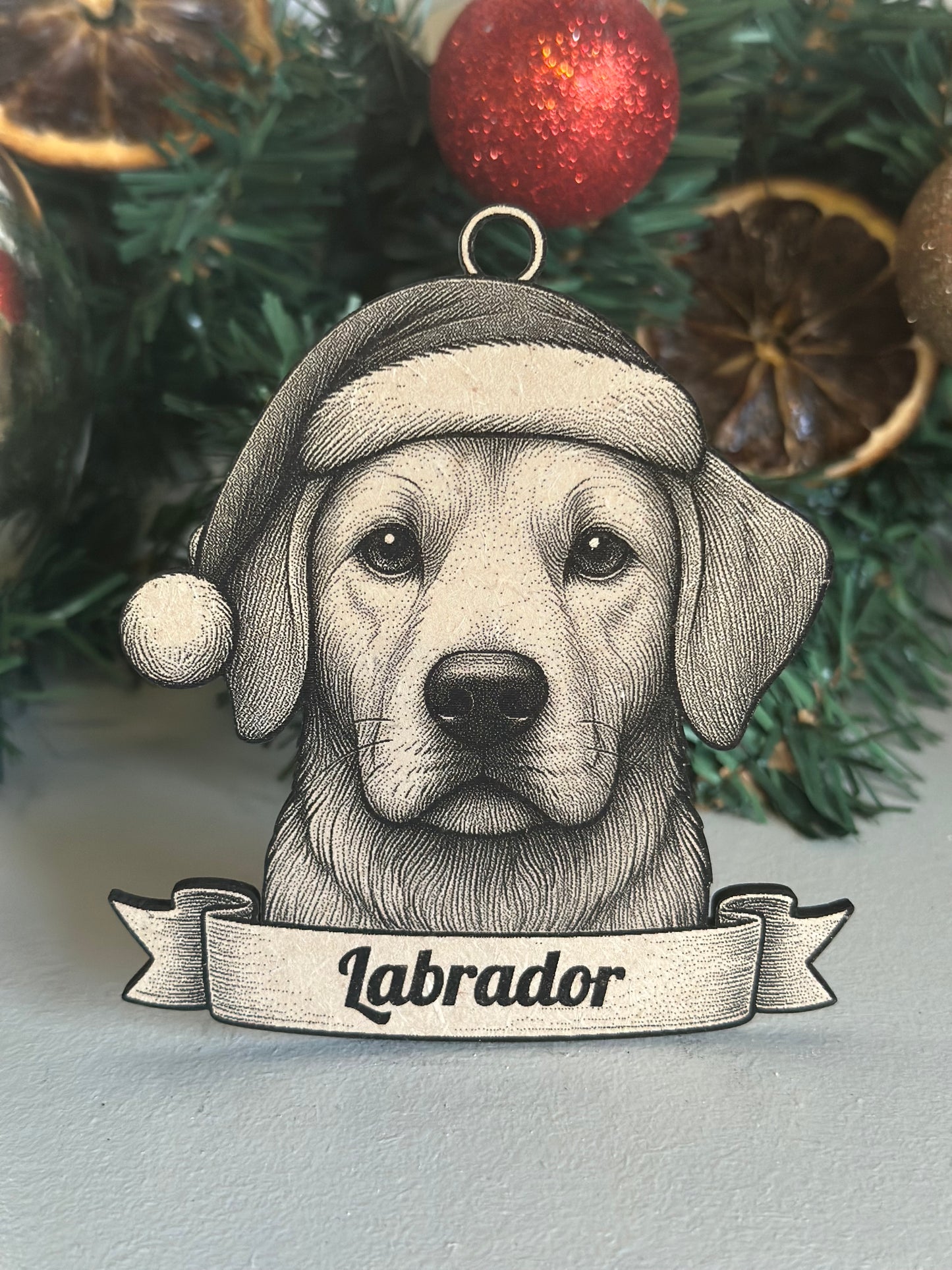 Decorative ornament of a dog with a 'Labrador' banner on a Christmas tree.