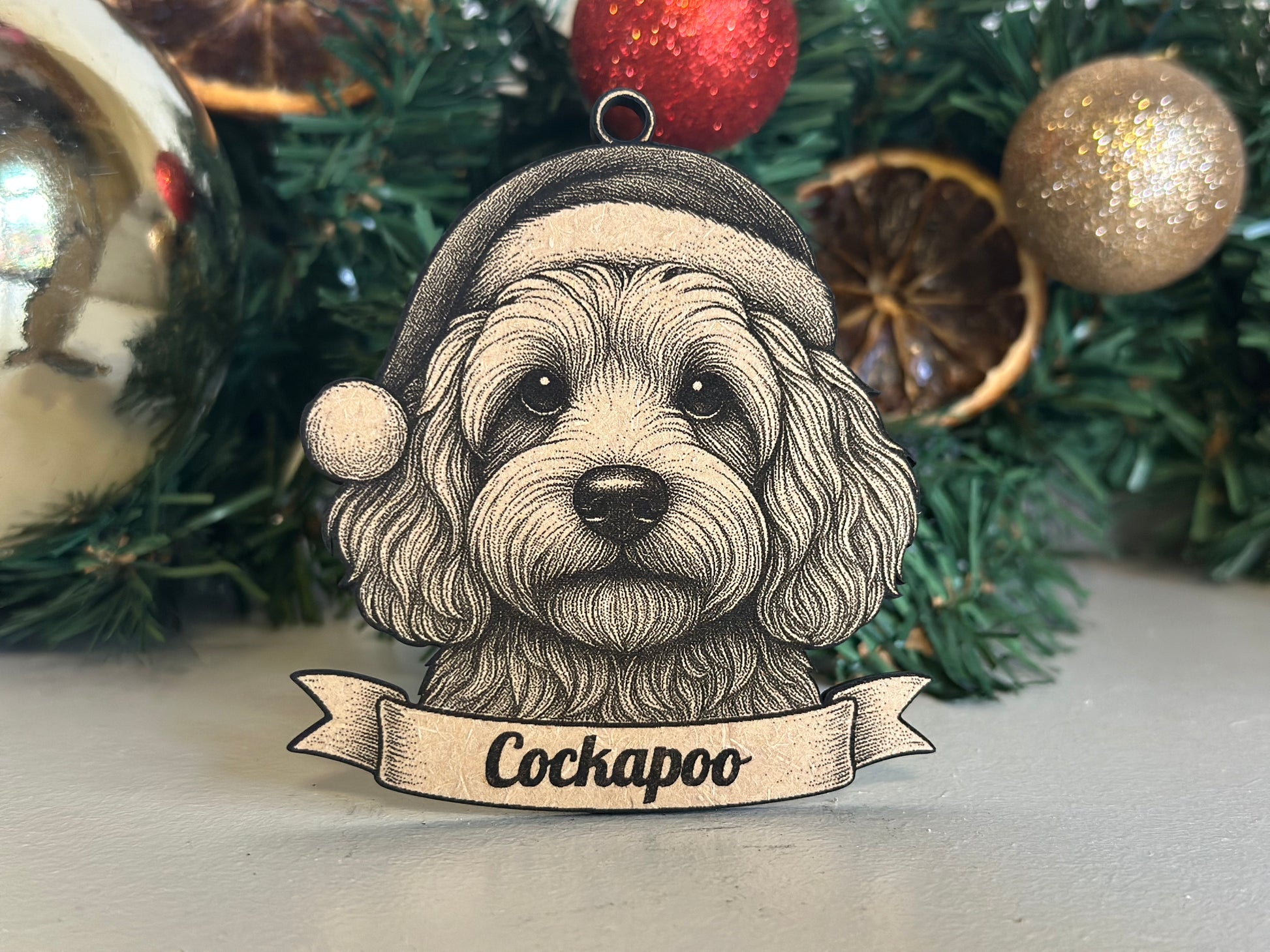 Decorative ornament of a Cockapoo dog wearing a Santa hat with Christmas decorations in the background.
