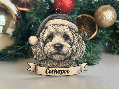 Decorative ornament of a Cockapoo dog wearing a Santa hat with Christmas decorations in the background.