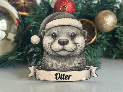 Illustration of an otter wearing a Santa hat with Christmas decorations in the background.