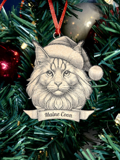 A hanging Maine Coon cat tree ornament made of wood, with a depiction of a cat wearing a Santa hat, 