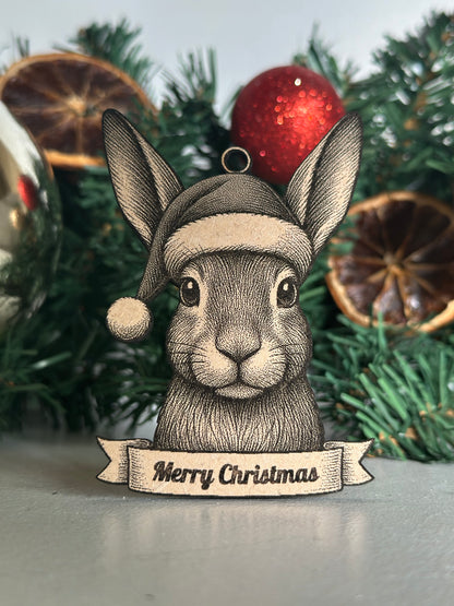 Decorative Christmas ornament with a Hare design and 'Merry Christmas' banner on a tree.