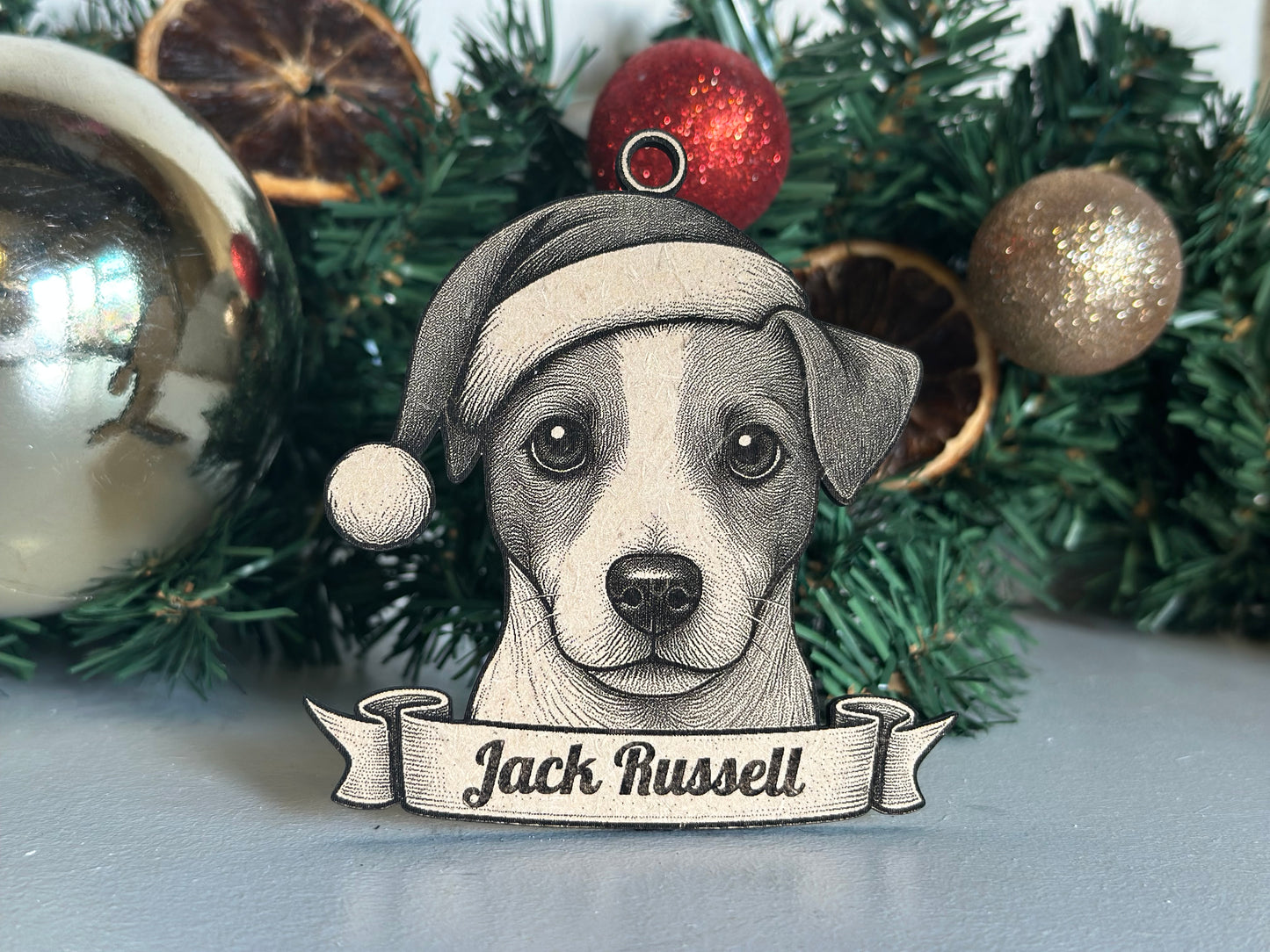Decorative Christmas ornament with a dog design and 'Jack Russell' text on a tree.