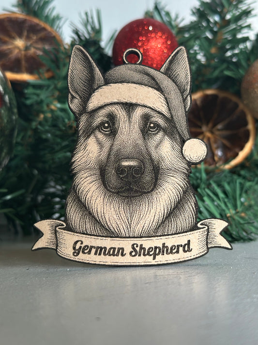 Illustration of a German Shepherd wearing a Santa hat with Christmas decorations in the background.