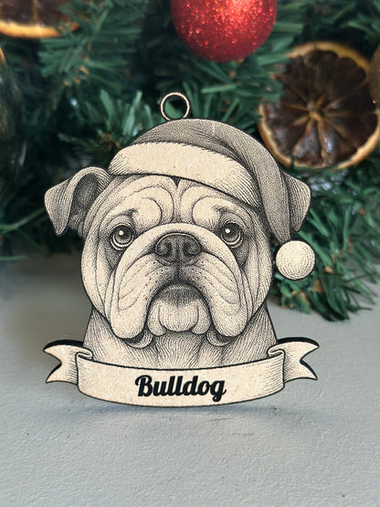 Decorative bulldog ornament with a banner on a Christmas tree.