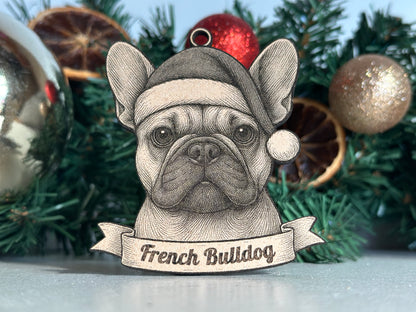 Decorative ornament of a French Bulldog with a banner on a Christmas tree.