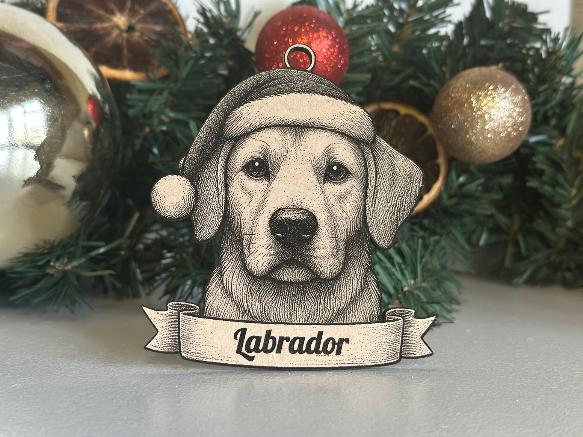 Decorative ornament with a dog's face and 'Labrador' text on a Christmas tree.