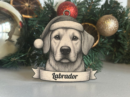 Decorative ornament with a dog's face and 'Labrador' text on a Christmas tree.