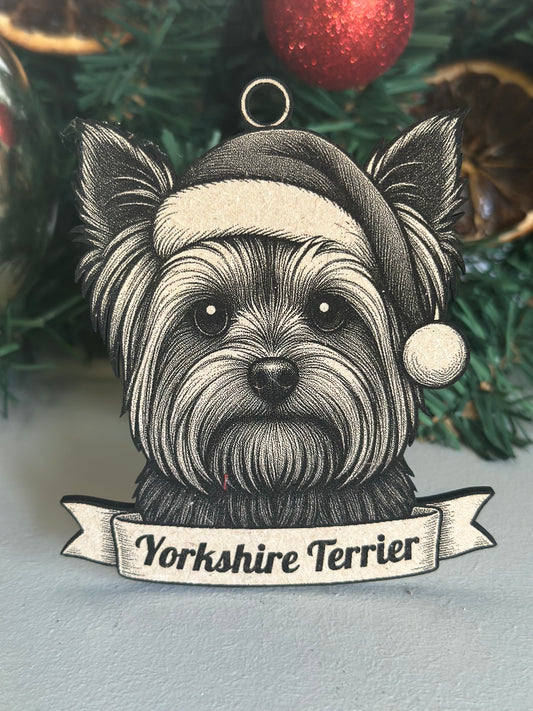 Illustration of a Yorkshire Terrier with a banner label on a decorative background