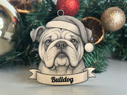 Decorative ornament with a bulldog design and 'Bulldog' text, set against a Christmas tree background.