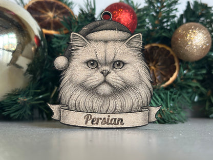 Illustration of a Persian cat's face with a banner on a Christmas tree background