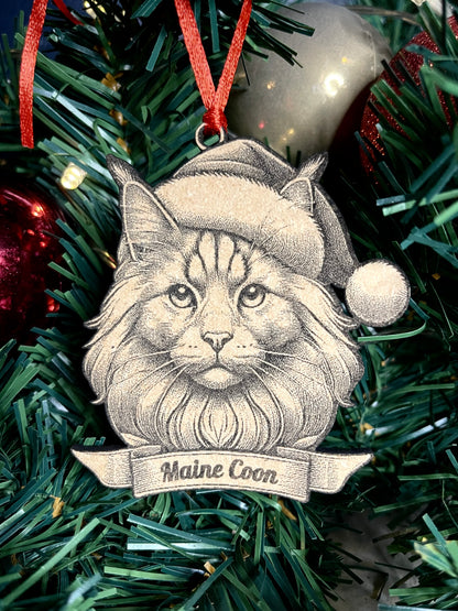 A hanging Maine Coon cat tree ornament made of wood, with a depiction of a cat wearing a Santa hat, and personalized with the name 'Maine Coon'.