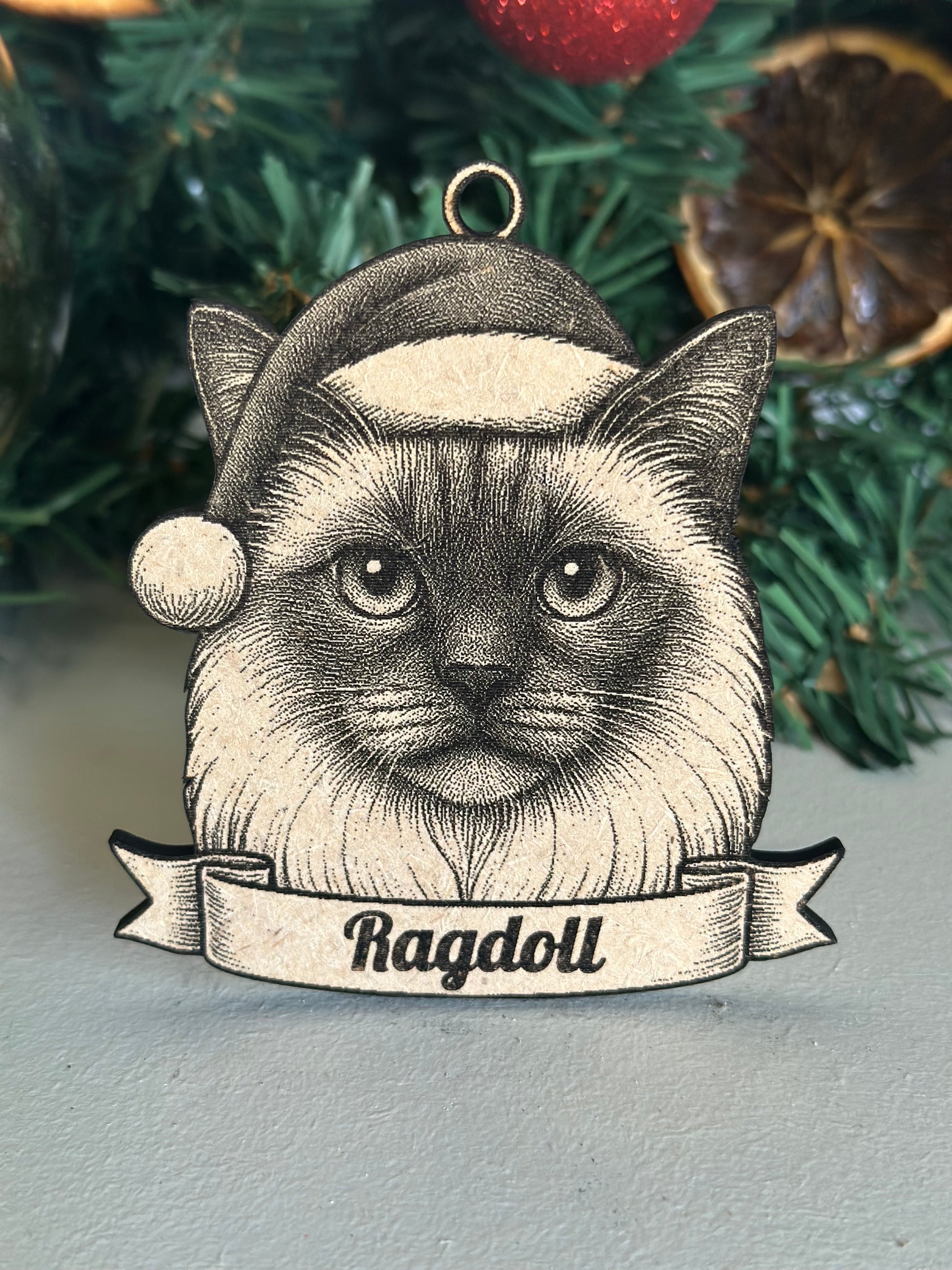 Decorative ornament with a cat design and 'Ragdoll' text on a Christmas tree background