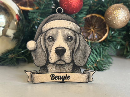 Beagle ornament with a Santa hat in front of Christmas decorations