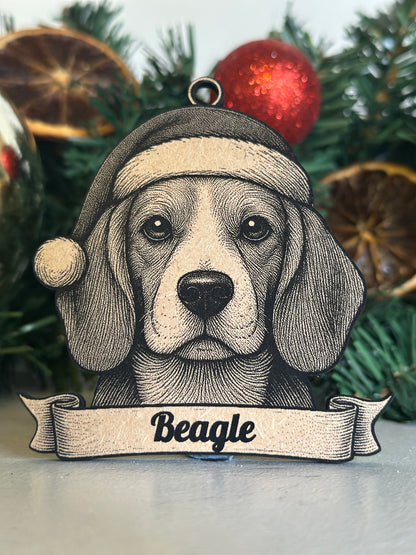 Decorative ornament of a beagle dog on a Christmas tree with ornaments.