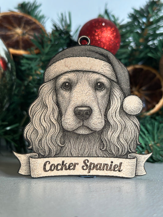 Decorative ornament with a dog illustration and 'Cocker Spaniel' text on a Christmas tree.