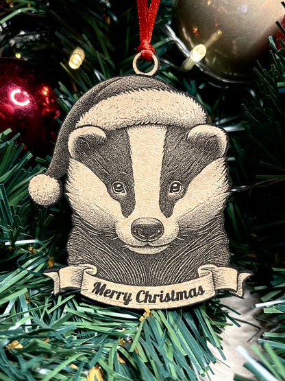A wooden badger tree ornament with a Santa hat and a banner that reads 'Merry Christmas', hanging among Christmas tree branches.