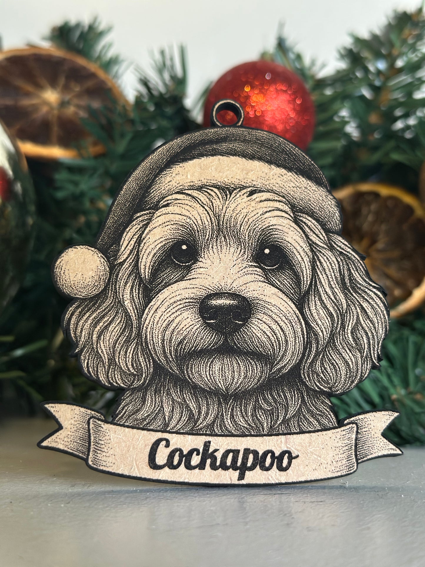 Decorative ornament of a cockapoo dog on a Christmas tree.