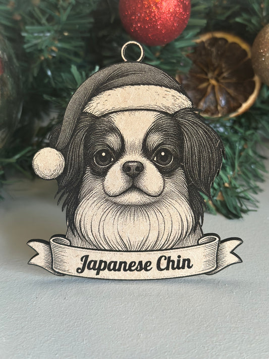 Illustration of a Japanese Chin dog with a banner on a Christmas tree background