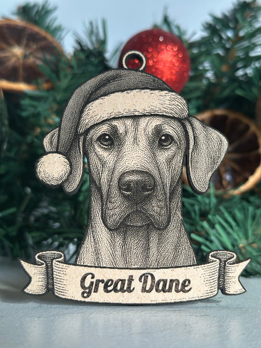 Decorative ornament of a Great Dane with a Santa hat on a Christmas tree.