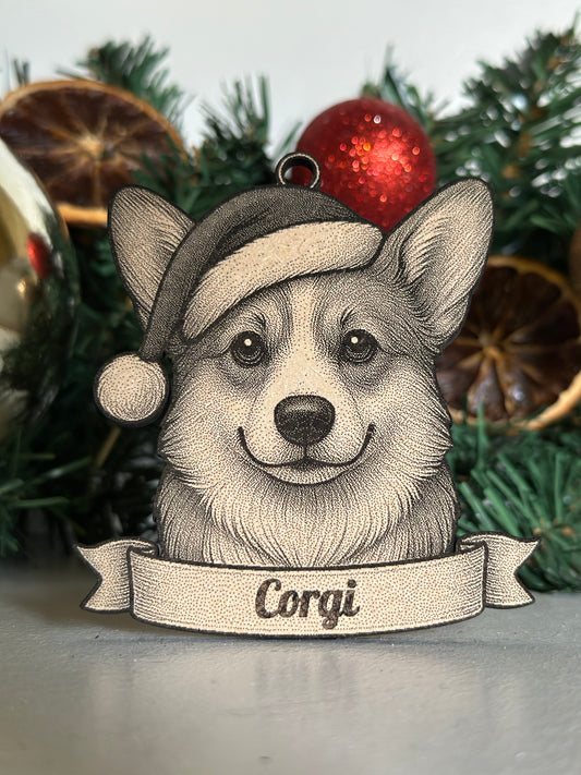 Dog-shaped Christmas ornament with a 'Corgi' banner on a decorated tree.