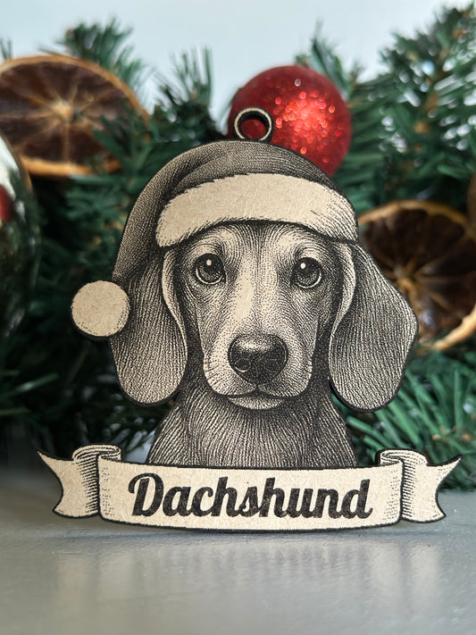 Decorative Christmas ornament with a dachshund design and 'Dachshund' banner on a tree.