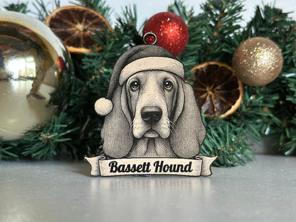 Decorative ornament with a basset hound design on a Christmas tree.