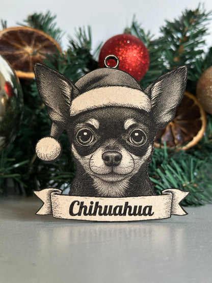 Decorative ornament of a Chihuahua dog with a banner on a Christmas tree.