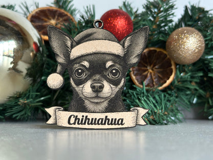 Decorative Christmas ornament with a cartoon Chihuahua wearing a Santa hat on a green wreath.