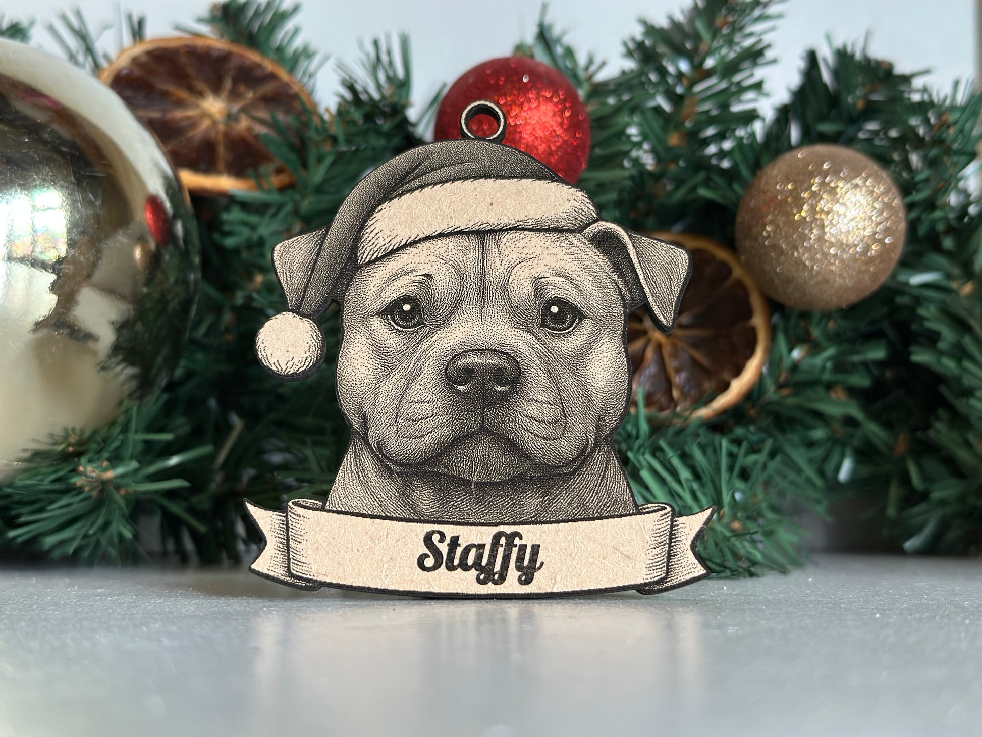 Decorative ornament of a dog with 'Staffy' text on a Christmas tree.