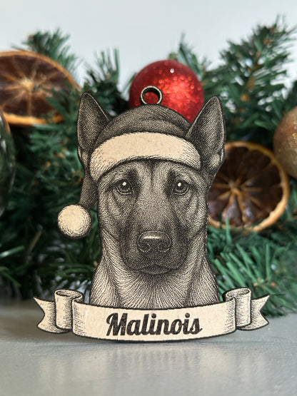 Dog ornament with 'Malinois' label on a Christmas tree