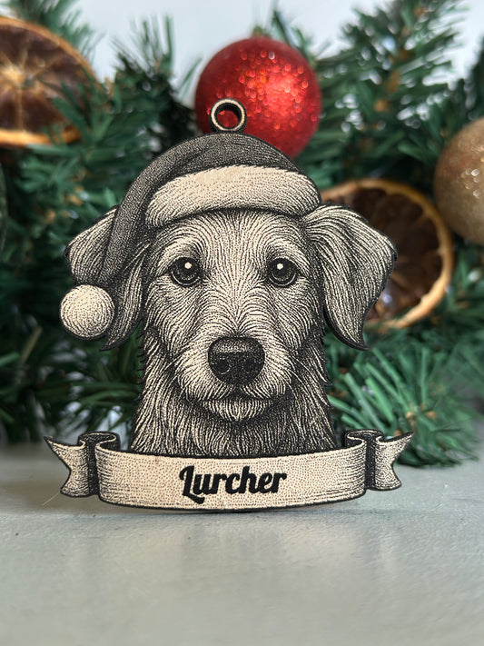 Decorative Lurcher dog ornament with a hat on a Christmas tree.