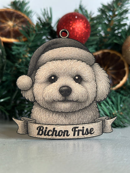 Decorative ornament of a Bichon Frise dog on a Christmas tree with ornaments.