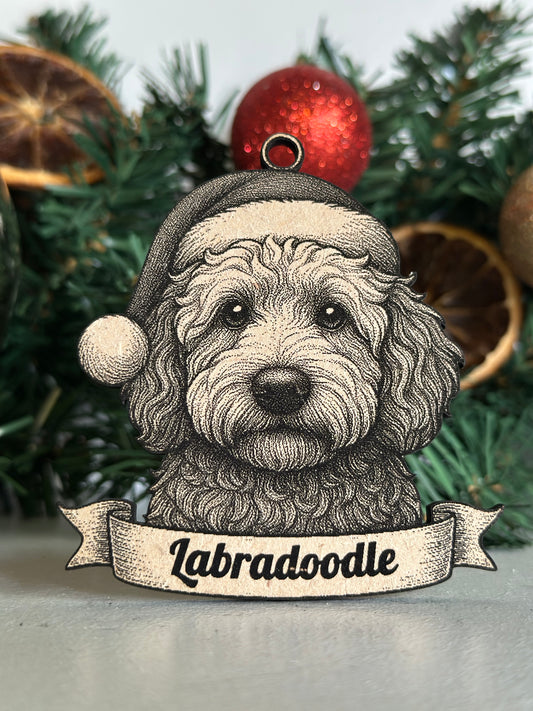 Ornament with a Labradoodle design on a Christmas tree.