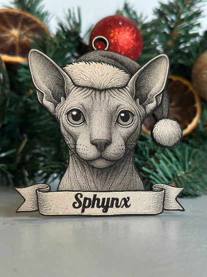 Illustration of a Sphynx cat on a Christmas tree with ornaments.