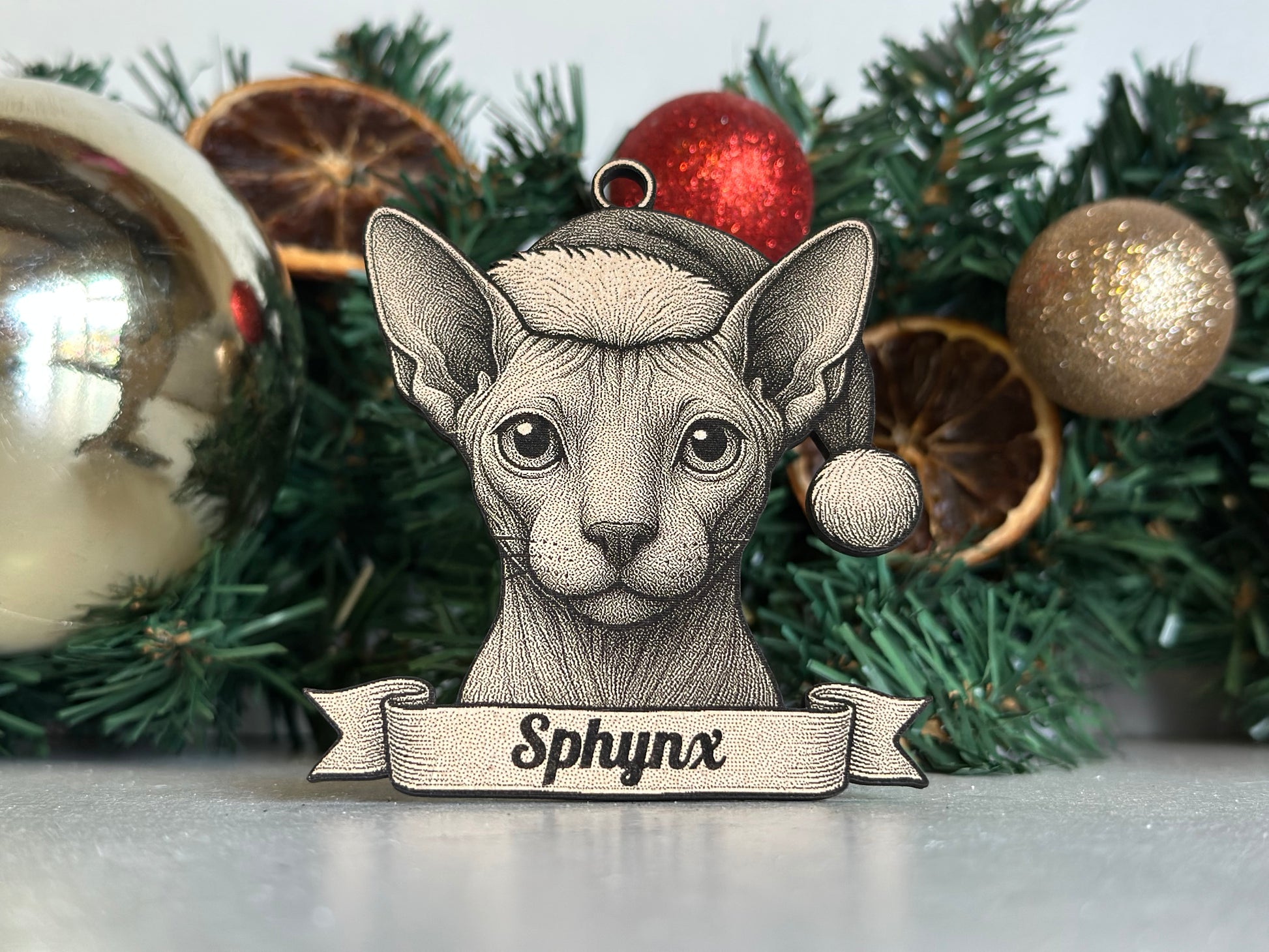 Decorative cat ornament with 'Sphynx' text on a Christmas tree with ornaments and pine needles.