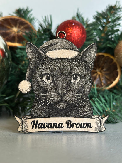 Havana Brown Cat Christmas ornament with a banner on a decorated tree