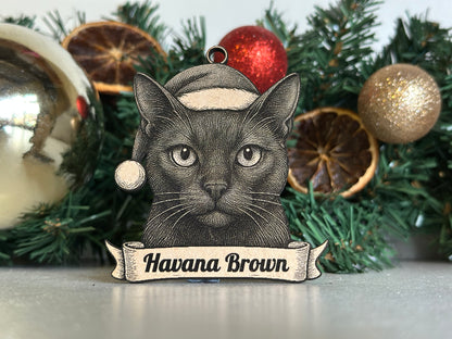 Decorative Christmas ornament with a cat design and 'Havana Brown' banner on a wreath.