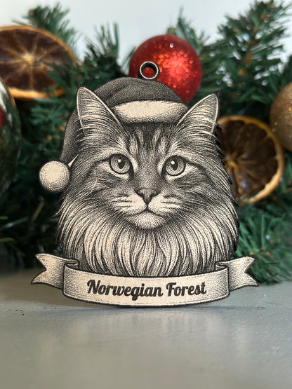Illustration of a Norwegian Forest cat on a Christmas tree with ornaments.