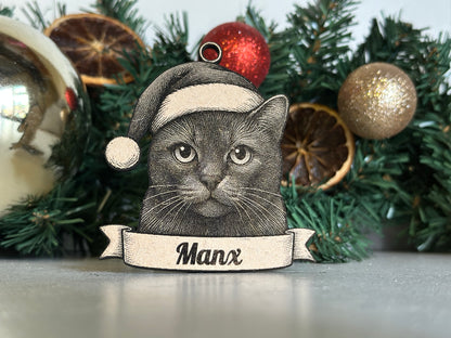 Decorative Christmas ornament with a Manx cat face design on a wreath.