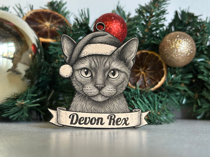 Decorative ornament with a Devon Rex cat illustration on a Christmas wreath.