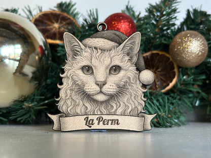 Ornament with a cat design and 'La Perm' text against a festive background with Christmas decorations.