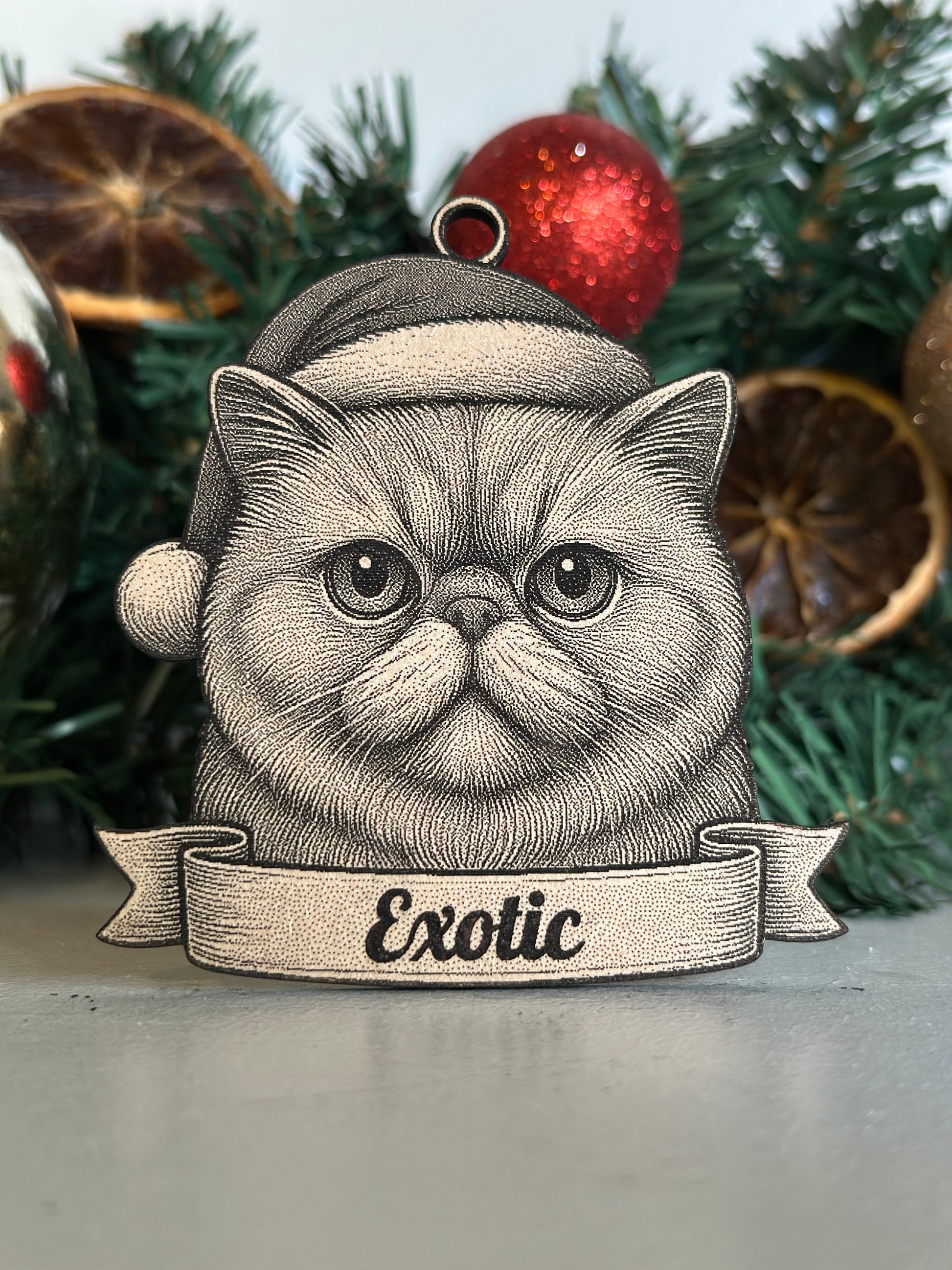 Decorative ornament with a cat illustration and 'Exotic' text, set against a Christmas-themed background.