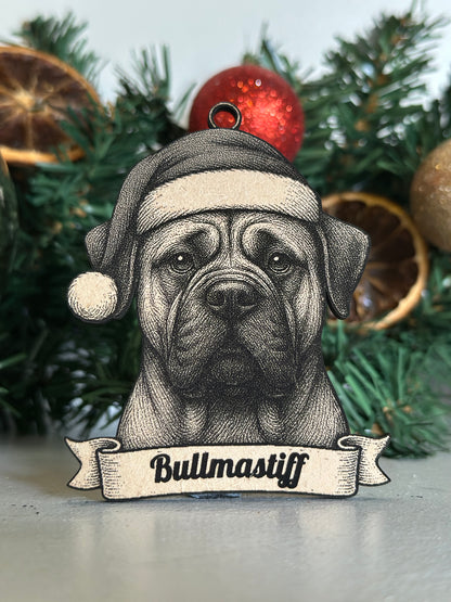 Decorative bullmastiff ornament with a banner on a Christmas tree.