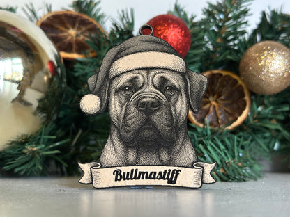 Decorative Christmas ornament with a black and white illustration of a bullmastiff dog wearing a Santa hat on a green wreath.