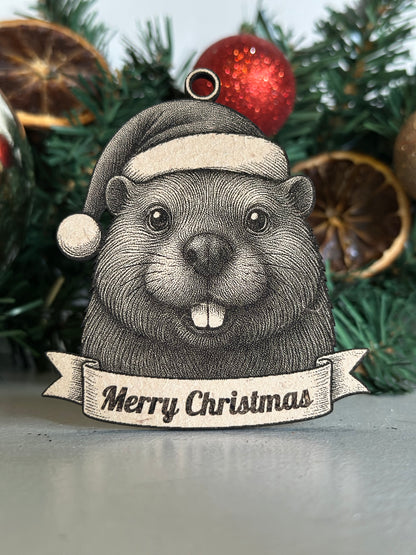 Illustration of a beaver wearing a Santa hat with 'Merry Christmas' banner on a Christmas tree.